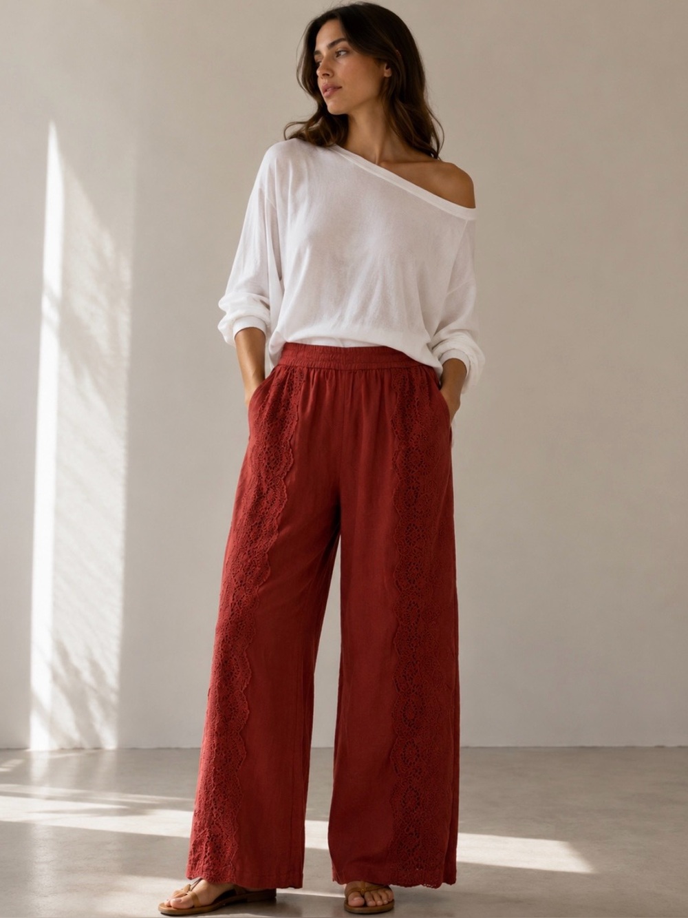 Sundance catalog Lace Trim Wide Leg Elastic Waist Lined‎ Pants Size L